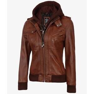 NEW DECRUM women's edinburgh genuine leather jacket with removable hood in cogna